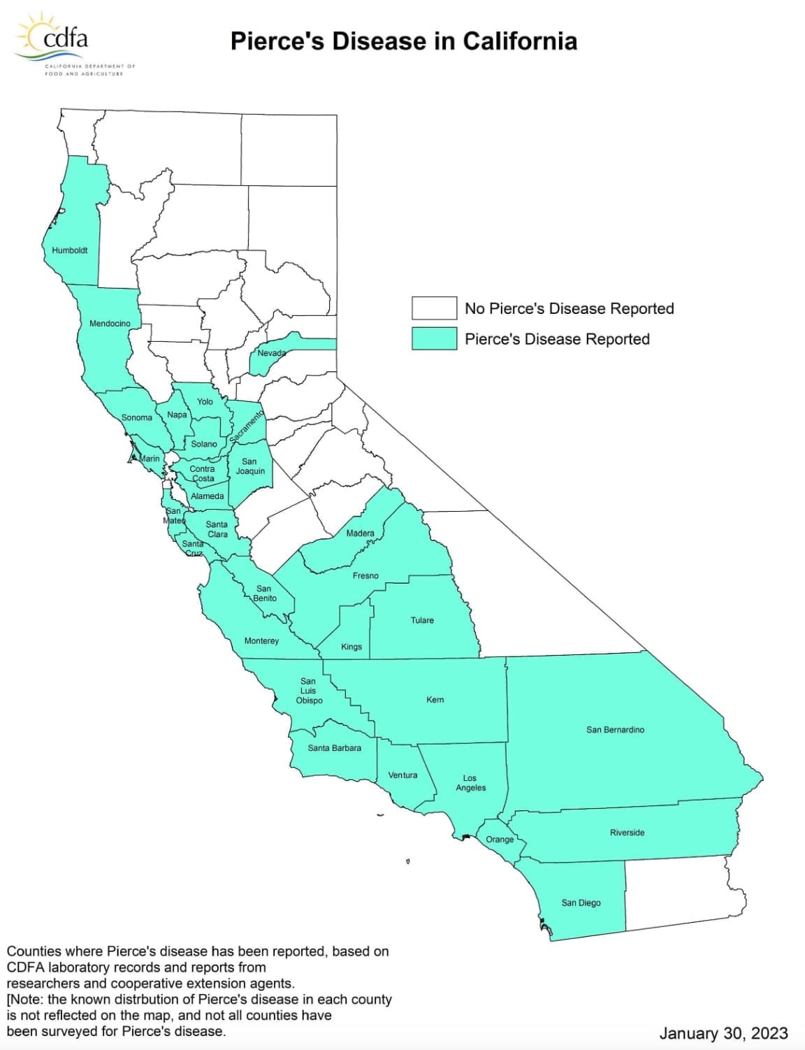 Map of California counties with confirmed reports of Pierce's Disease in grapes