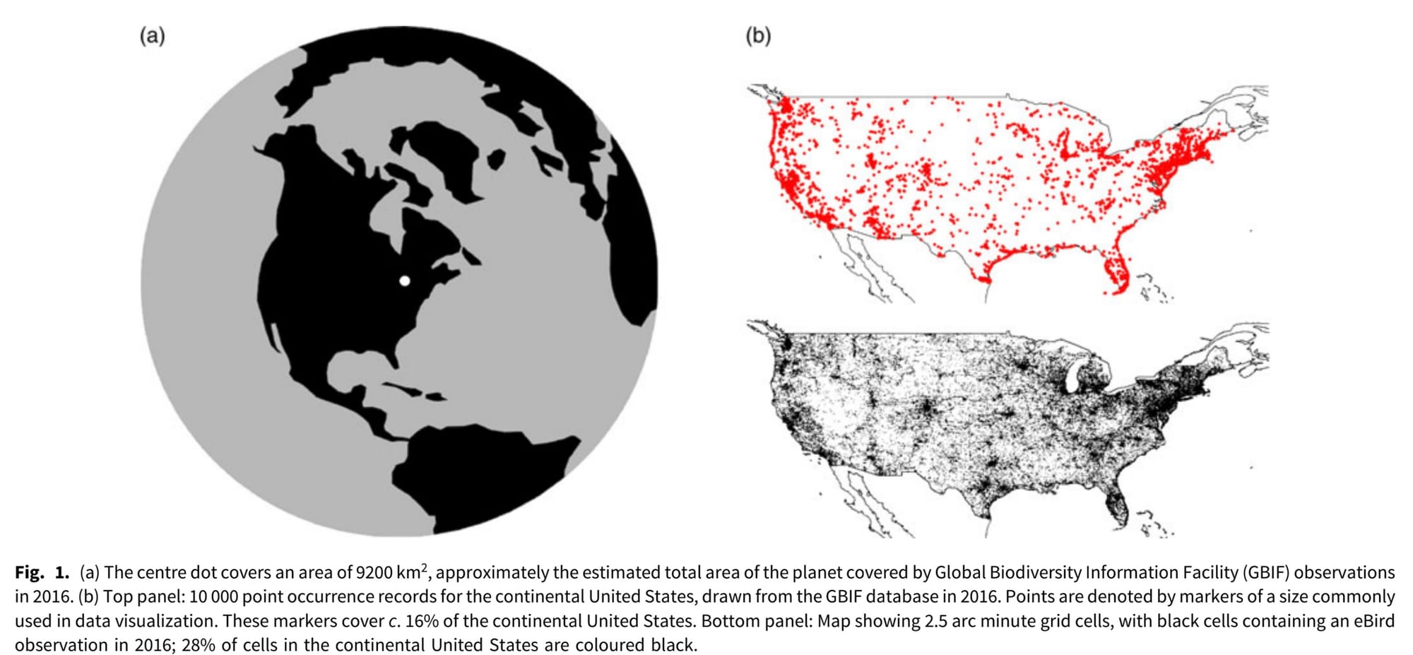 Excerpted figure from Kitzes and Schricker (2019) showing map of GBIF data