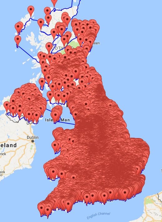 Google Map showing the location of pubs in the UK